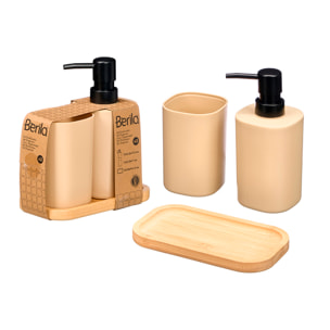 Set de dosificador y vaso beige con base de bambu.
