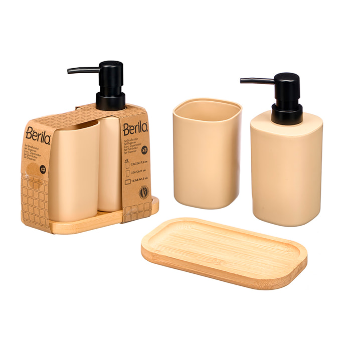 Set de dosificador y vaso beige con base de bambu.