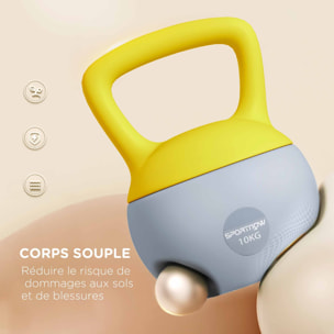 Kettlebell 10 Kg - prise ergonomique - entraînement musculaire & haltérophilie - PVC gris jaune