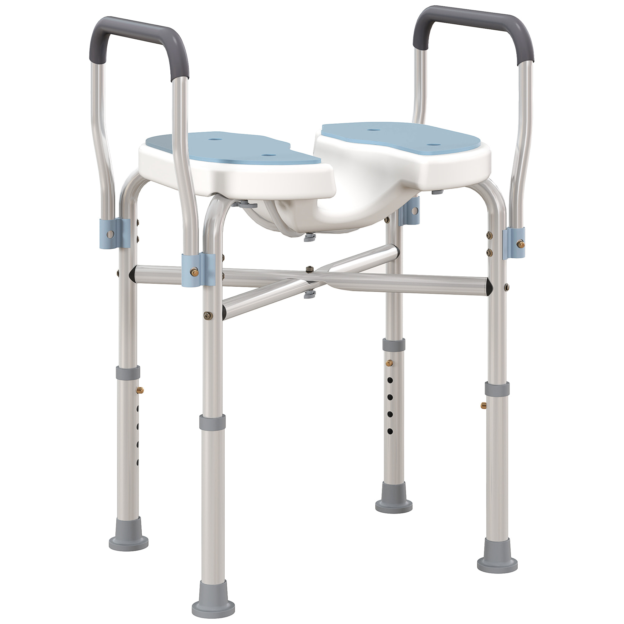 Siège de douche avec accoudoirs hauteur réglable antidérapant alu HDPE bleu balnc gris