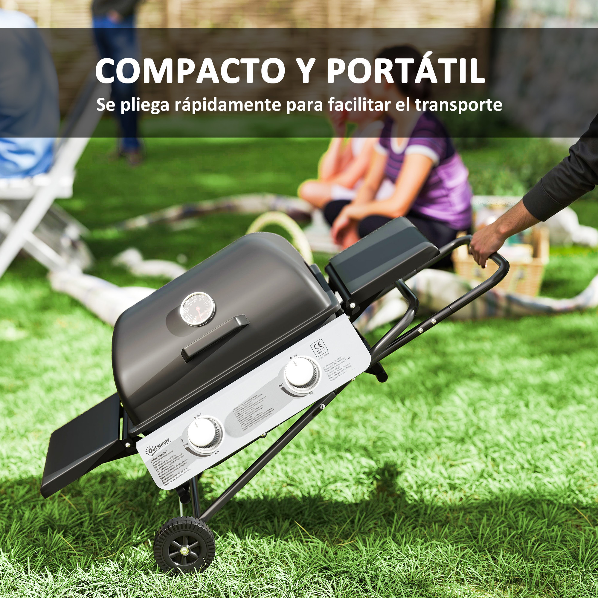 Barbacoa de Gas con 2 Quemadores de Acero Inoxidable 2,8 KW Barbacoa Portátil con Mesas Laterales Plegables Bandeja Extraíble Termómetro y 2 Ruedas para Pícnic Camping 101x50x102 cm Negro
