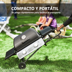 Barbacoa de Gas con 2 Quemadores de Acero Inoxidable 2,8 KW Barbacoa Portátil con Mesas Laterales Plegables Bandeja Extraíble Termómetro y 2 Ruedas para Pícnic Camping 101x50x102 cm Negro