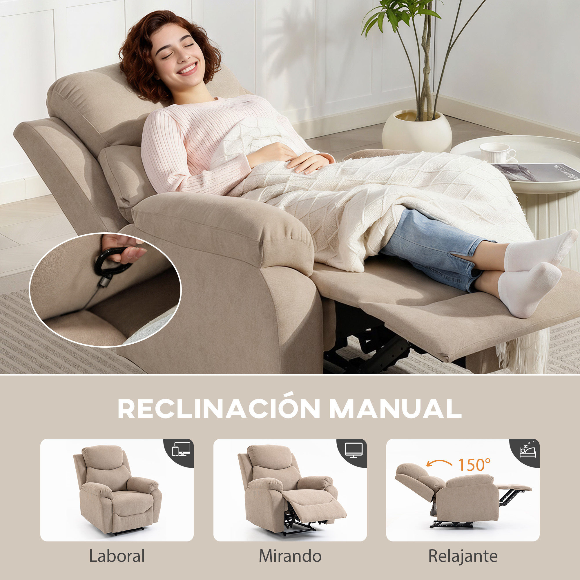 Sillón Relax Reclinable Manual, Sillón Relax Moderno, Tapizado en Tela Aspecto Lino, Reposapiés, Reposabrazos, Acolchado Grueso, Butaca Reclinable hasta 150°, Carga 120 kg, para Salón, Beige
