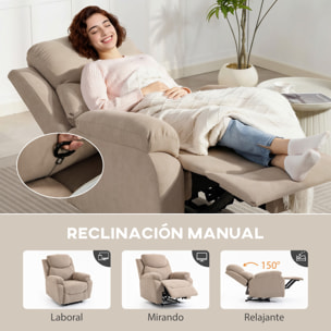 Sillón Relax Reclinable Manual, Sillón Relax Moderno, Tapizado en Tela Aspecto Lino, Reposapiés, Reposabrazos, Acolchado Grueso, Butaca Reclinable hasta 150°, Carga 120 kg, para Salón, Beige