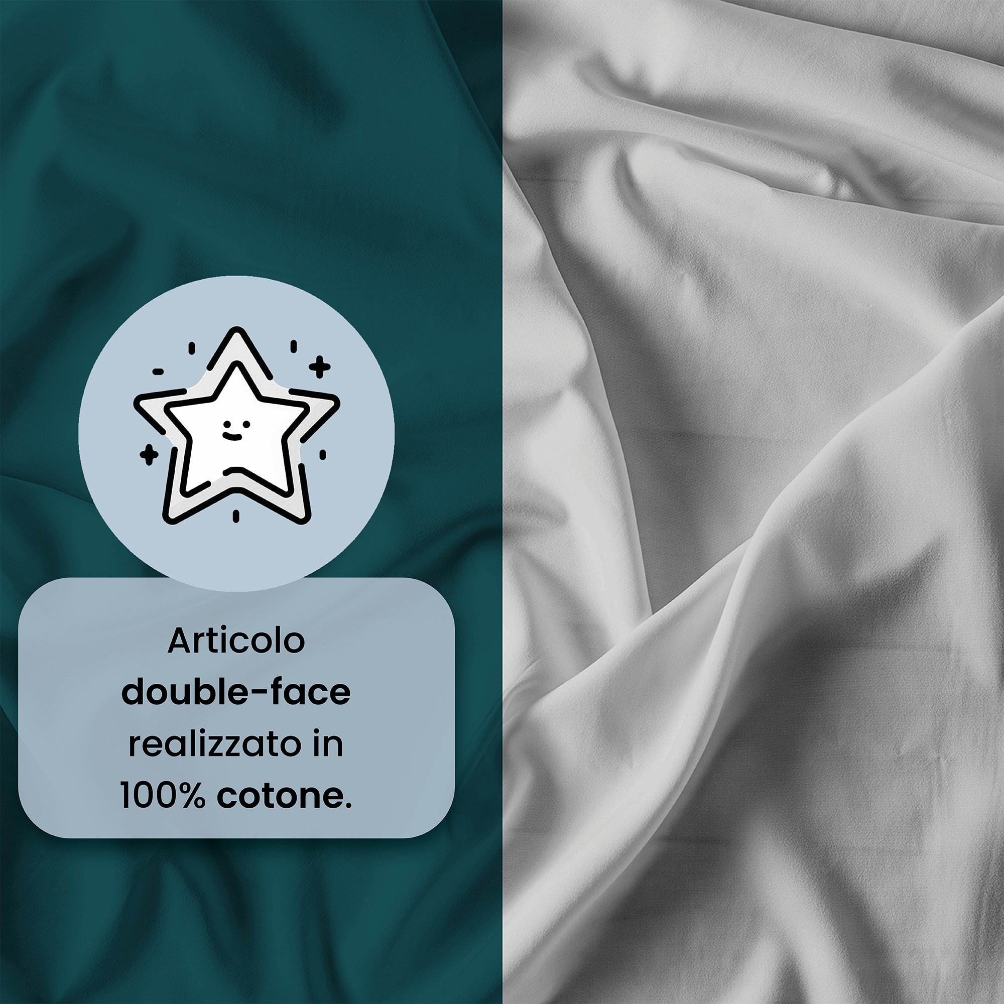 PARURE COPRIPIUMINO NATURAL COLOR, 100% Cotone, Made in Italy - VERDE PETROLIO/GRIGIO CHIARO