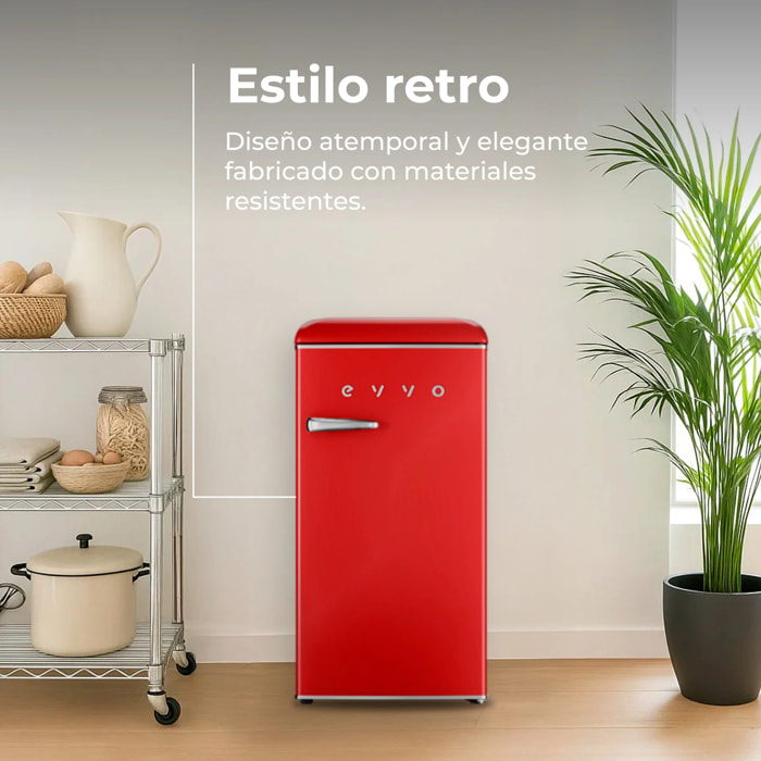 EVVO Frigorífico Mini F26 Retro Rojo, 95 litros, diseño vintage, bajo consumo, silencioso