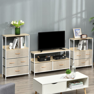 Meuble TV bas sur pieds style industriel 2 tiroirs tissu gris acier MDF blanc bois clair