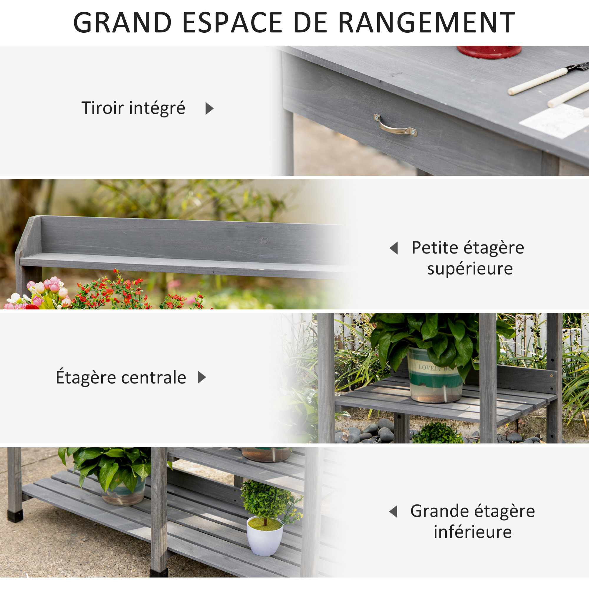 Table de rempotage jardinage multi-équipée - tiroir, 3 étagères, évier, 3 crochets - bois sapin pré-huilé gris