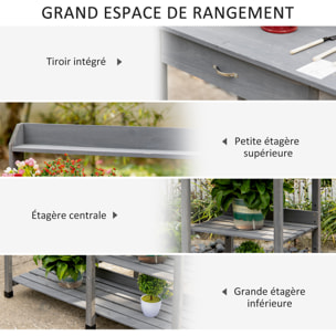 Table de rempotage jardinage multi-équipée - tiroir, 3 étagères, évier, 3 crochets - bois sapin pré-huilé gris