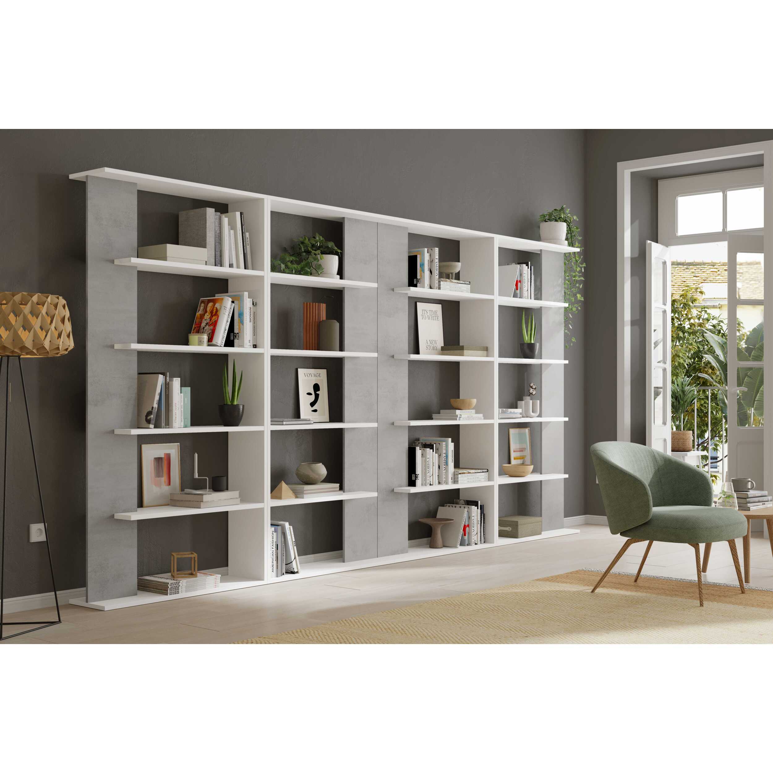 Libreria Santa Cruz Design Scaffale Mensola Moderna Mobile Per Libri Con Ripiani Per Soggiorno Salotto 180 x 90 x 25 cm Bianco e Grigio Cemento