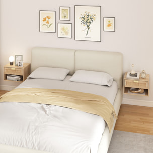 Juego de 2 Mesitas de Noche Flotantes, Mesillas de Noche Dormitorio con Cajón de Ratán, Estante Abierto, Ahorra Espacio, Diseño Nórdico, para Sala de Estar, 40x30x25 cm, Roble