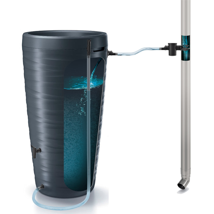 Barril de agua de lluvia 240l maze de plastico en color antracita 59,3 (largo) x 59,3 (ancho) x 111 (altura) cm + set de accesorios icanset7
