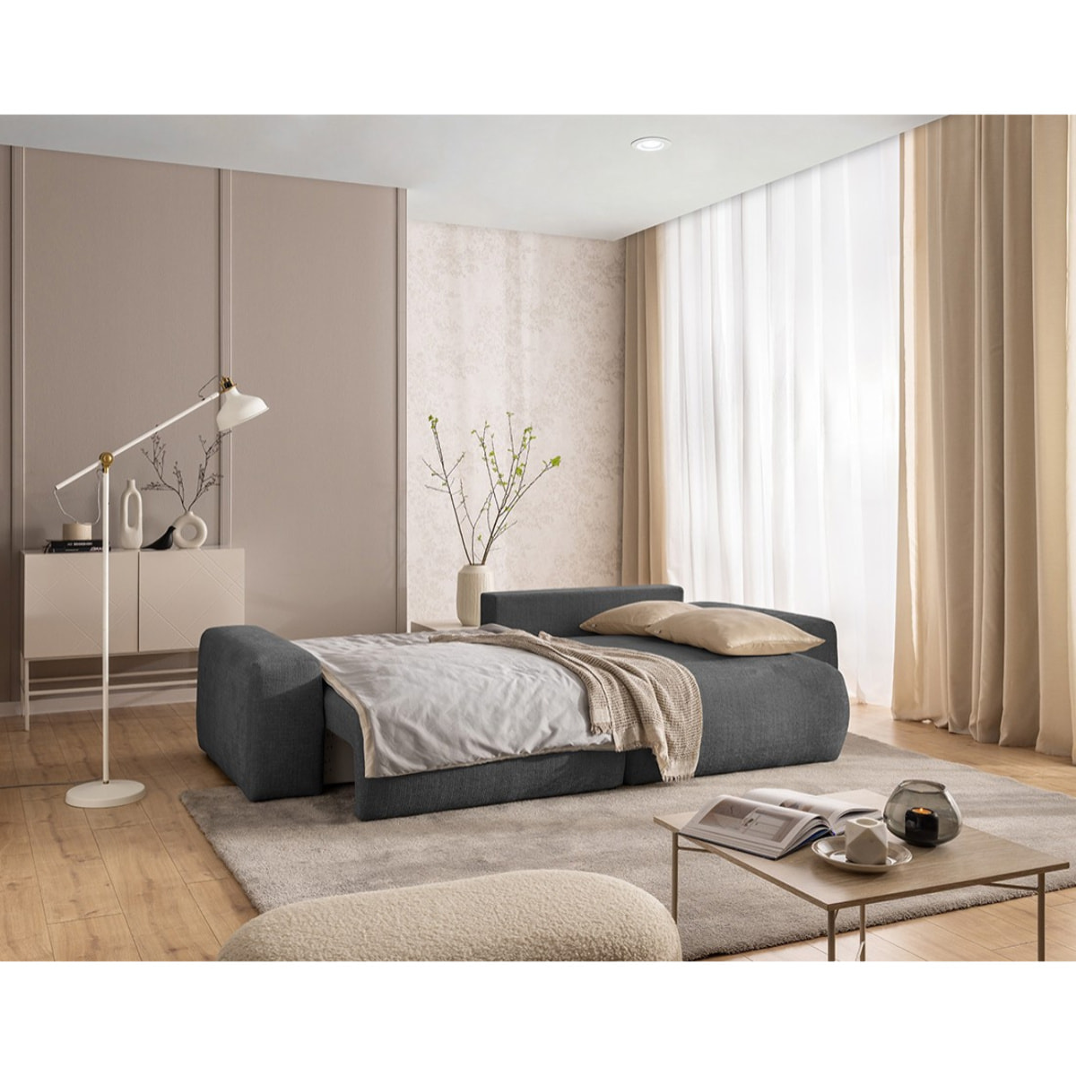 Constance - Canapé d'angle réversible 4 places convertible avec coffre en velours texturé - Gris