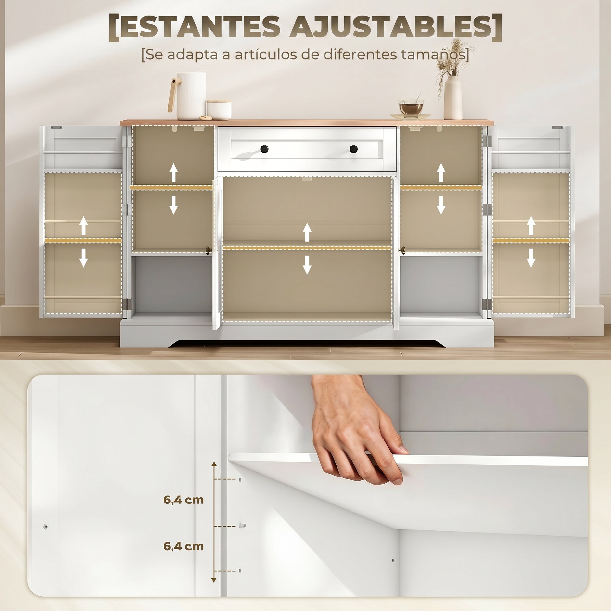Aparador, Armario de Cocina Moderno con Cajón, Estantes en las Puertas, Estantes Ajustables, Barra de Café, Aparador para Cocina, Comedor, 138x40x83,5 cm, Blanco