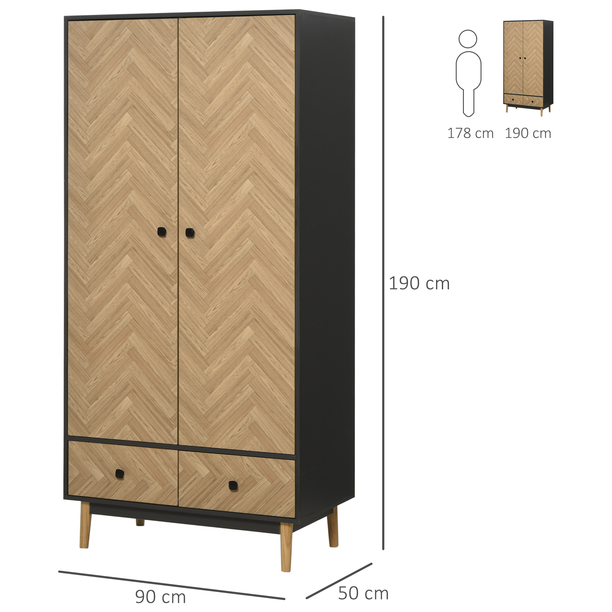 Armoire 2 portes 2 tiroirs design - 2 barres penderie, 2 niches - façades motif chevrons- gris foncé aspect bois clair