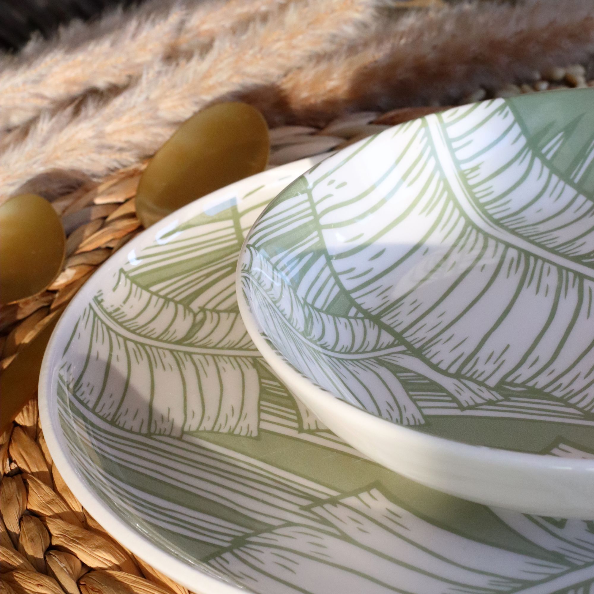 Lot de 6 assiettes creuses 20,5cm en grès à motif vert LEAVES