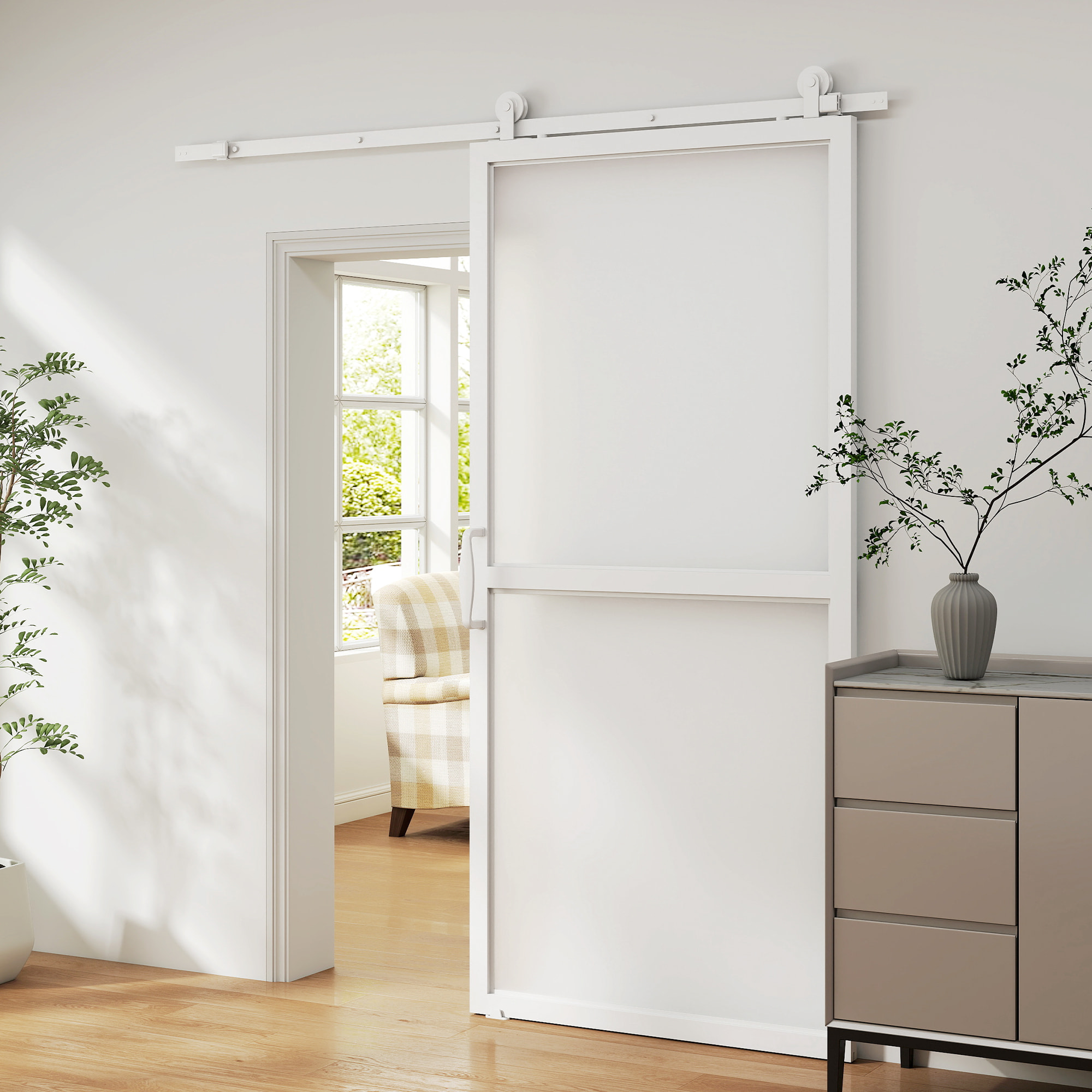 Herrajes para Puertas Correderas 200 cm, Kit de Accesorios para Puerta Corredera con 2 Rieles de Acero al Carbono y Guía de Suelo, para Garaje, Armario, Blanco
