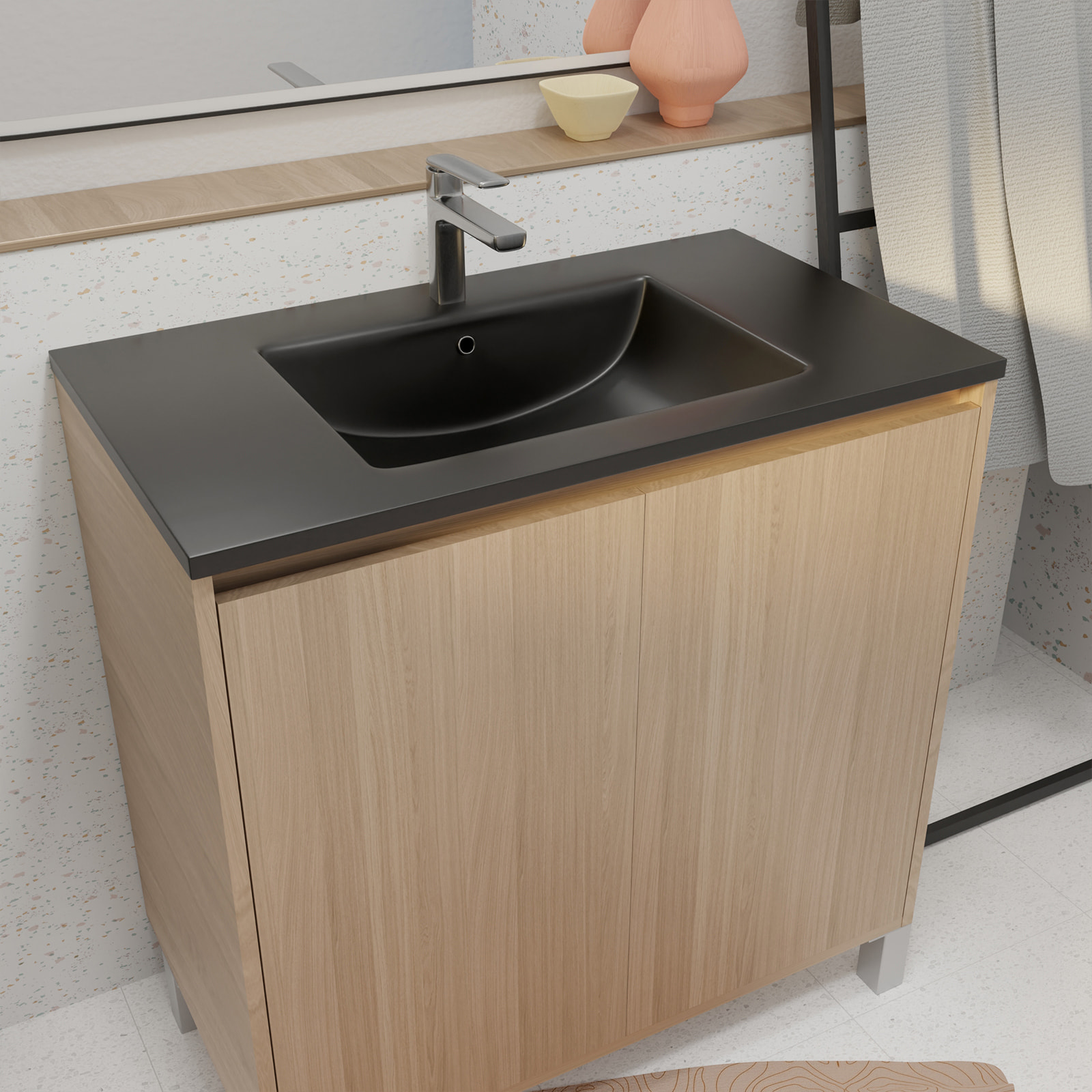 Meuble de salle de bains 80 cm 2 Portes Chêne Clair + Vasque Céramique Noire - XENOS