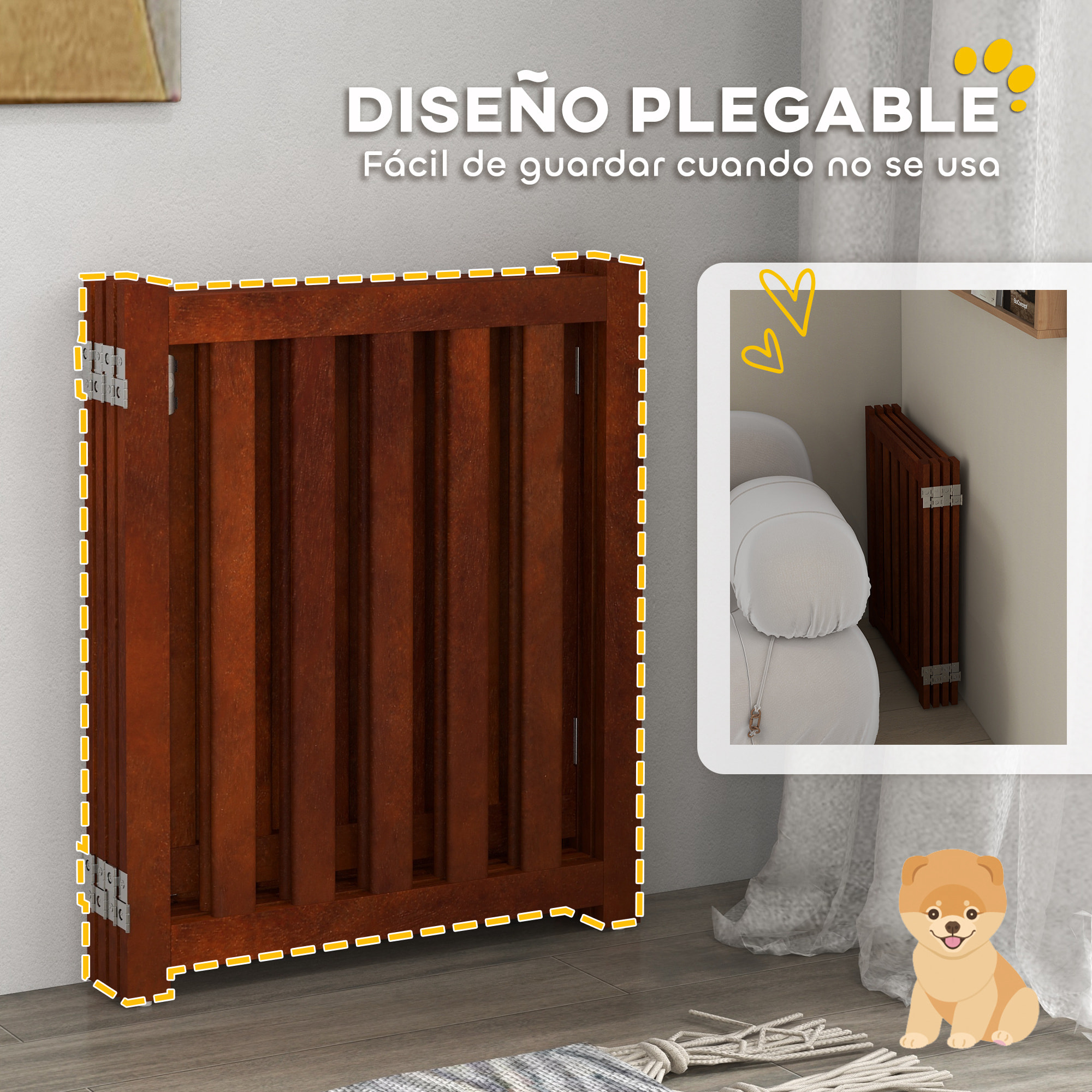 Barrera de Seguridad para Perros Plegable para Escaleras y Puertas Valla para Perros Pequeños de 4 Paneles con Soporte de Pie para Interiores 205x30x60 cm Marrón