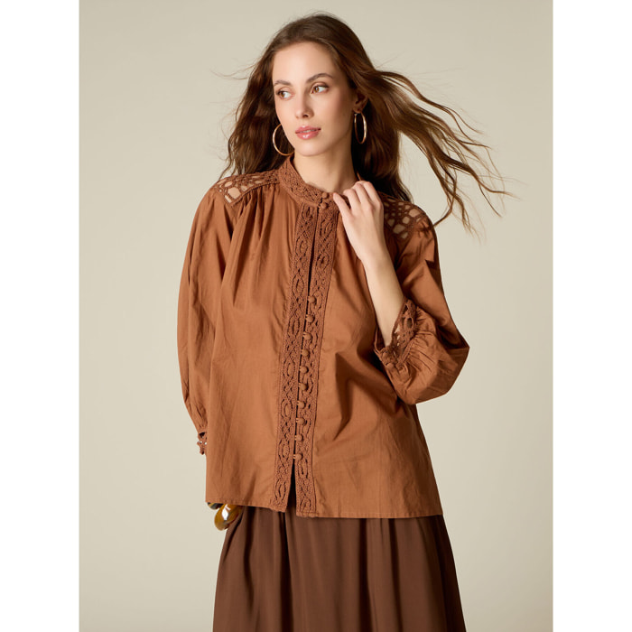 Oltre - Blusa in cotone con inserti in macramé - Marrone
