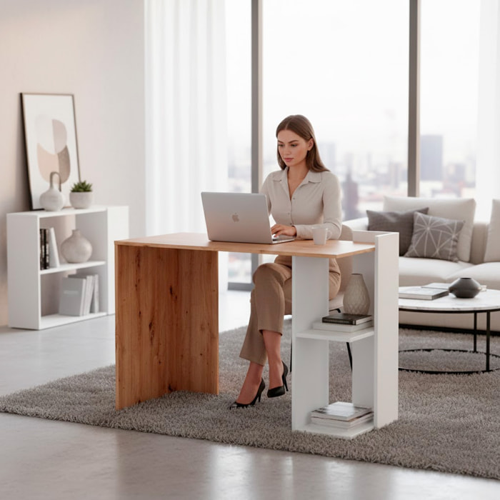 Scrivania Moderna Reversibile Con Vani Laterali A Giorno Mobile Desk Per PC Studio Home Office Struttura Resistente 100 x 52 x 78 Cm Bianco E Rovere