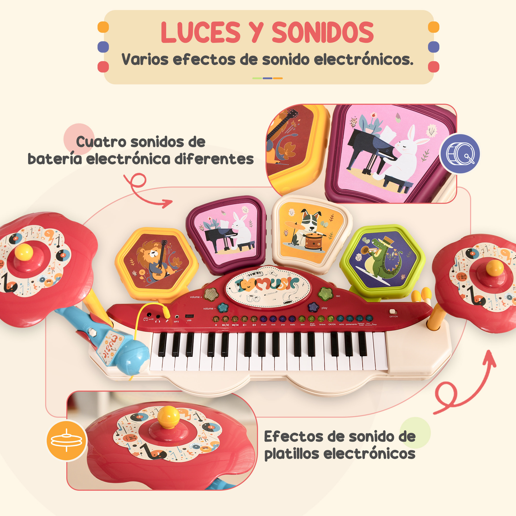 Piano Electrónico Infantil de 32 Teclas Juego de Piano 2 en 1 con Batería Micrófono Taburete Luces 19 Canciones 4 Sonidos y Volumen Ajustable 74x32,2x71 cm Multicolor