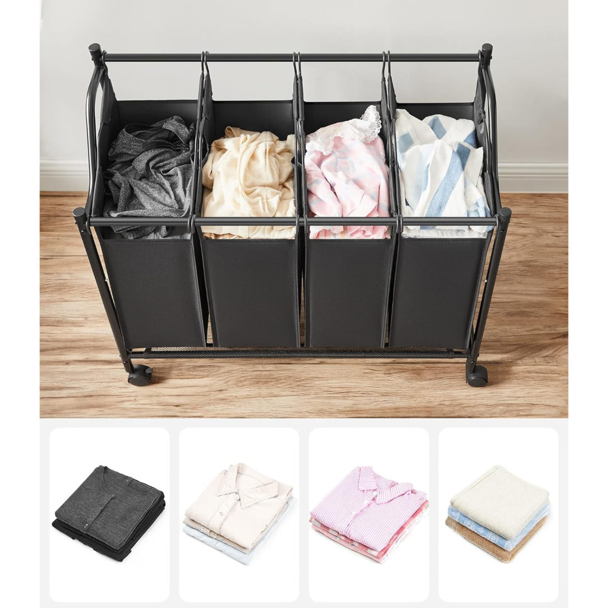 Cesto portabiancheria a 4 scomparti con ruote nero