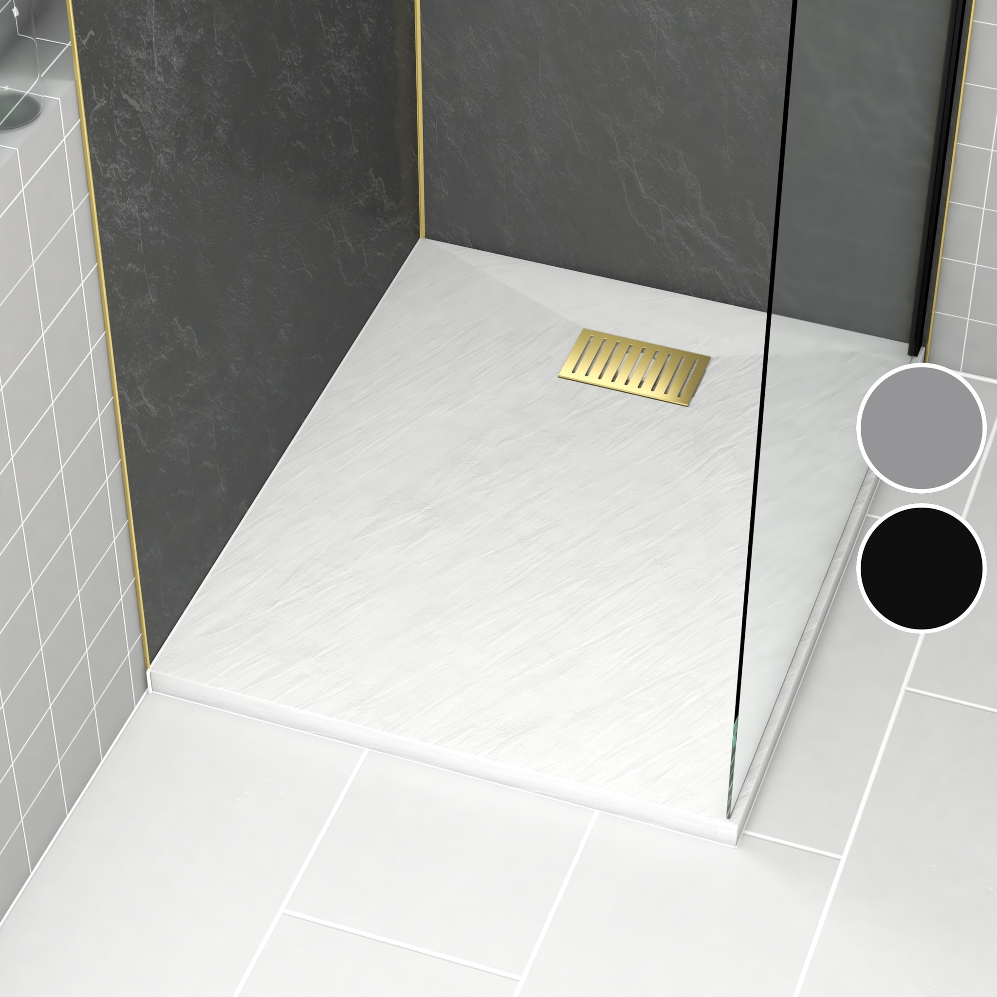 Receveur de douche Blanc Effet Pierre 80x100 cm et Grille décor Linéaire Or Doré Brossé