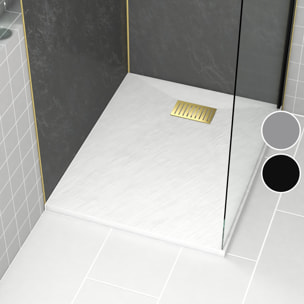 Receveur de douche Blanc Effet Pierre 80x100 cm et Grille décor Linéaire Or Doré Brossé