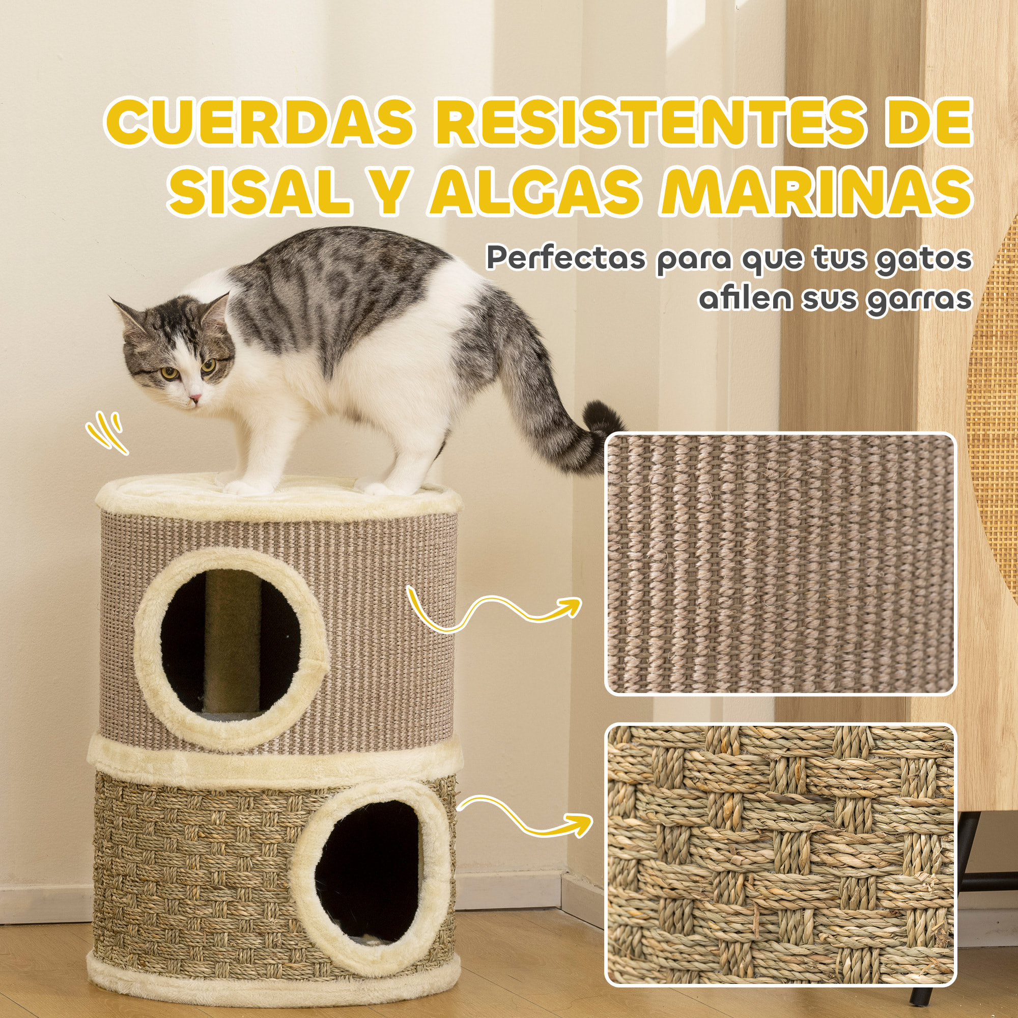 Barril Rascador para Gatos de 2 Niveles, Altura 49 cm, Tonel de Escalada con Cama, Cubierto de Sisal, Torre Rascador para Gatos, Ø35,5x49 cm, Caqui y Café