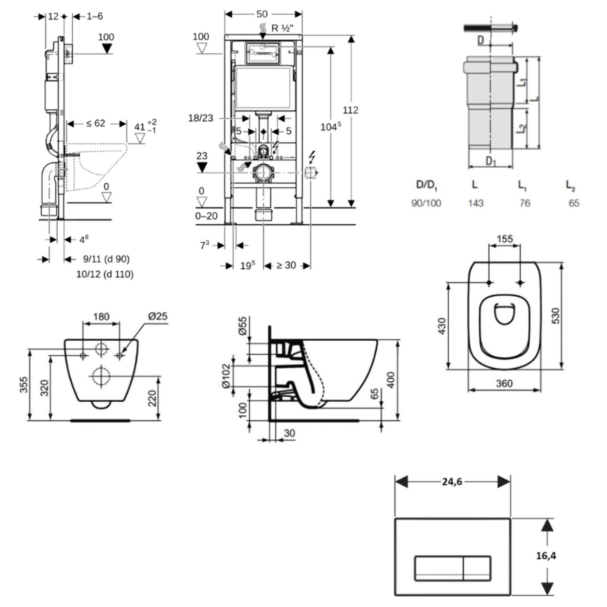 Duofix pack WC bâti-support + WC suspendu sans bride Ideal Standard avec abattant SoftClose + plaque (GEBTEBMA01-FR)
