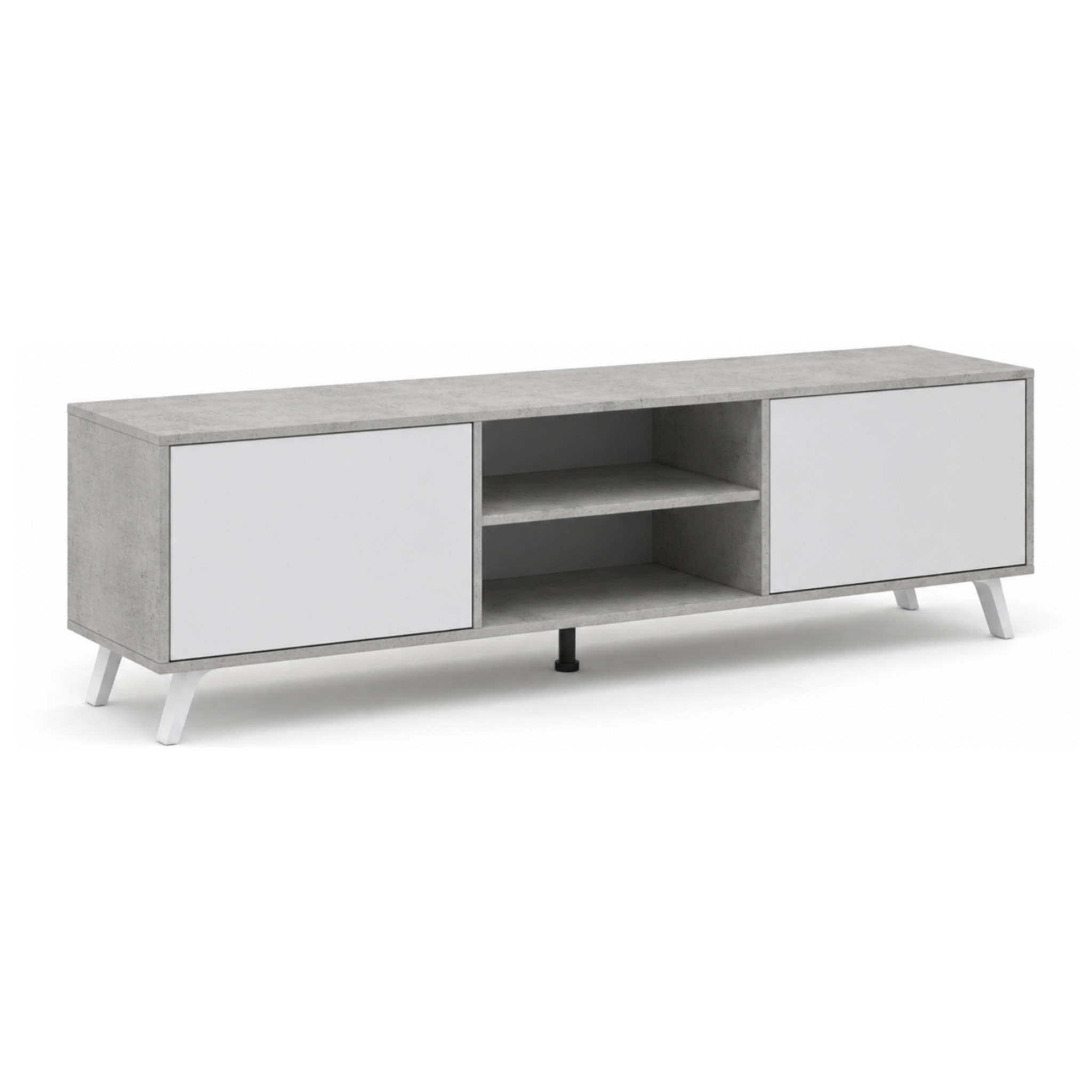 Mobile TV Moderno Con 2 Ante Battenti Ripiani Centrali Aperti Gambe Design Per Televisori fino a 75” 180 x 39,6 x 49 Cm Grigio Cemento E Bianco