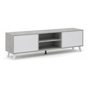 Mobile TV Moderno Con 2 Ante Battenti Ripiani Centrali Aperti Gambe Design Per Televisori fino a 75” 180 x 39,6 x 49 Cm Grigio Cemento E Bianco