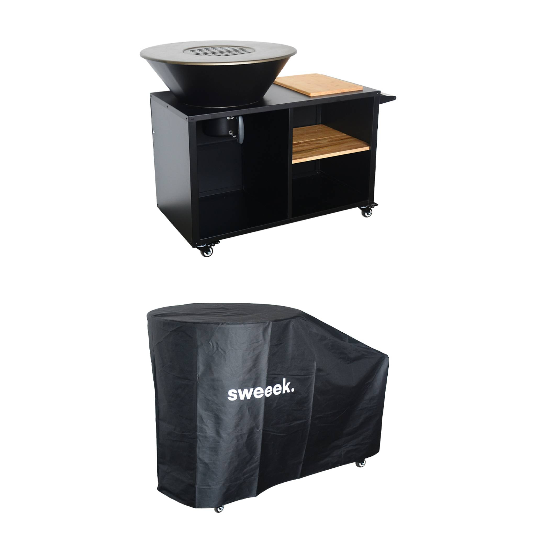 Brasero barbecue Ø80cm. grille de cuisson. stockage bois. coloris noir + housse de protection. L 138 x P 82 x H 114 cm