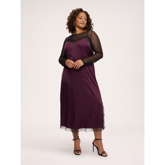 Fiorella Rubino - Vestido slip dress en raso stretch con detalles de tul y encaje - Burgundy
