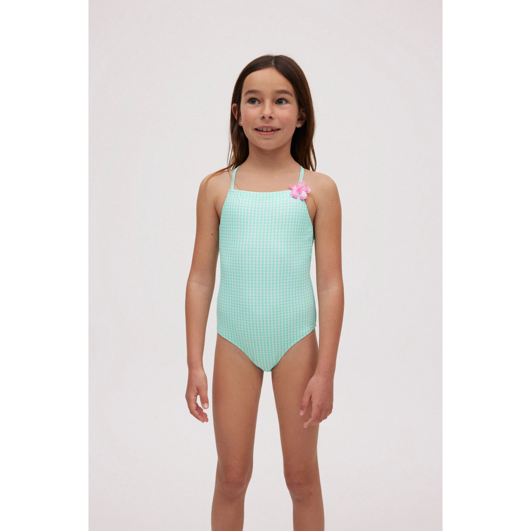 Costume da bagno da bambina a quadretti con dettagli floreali