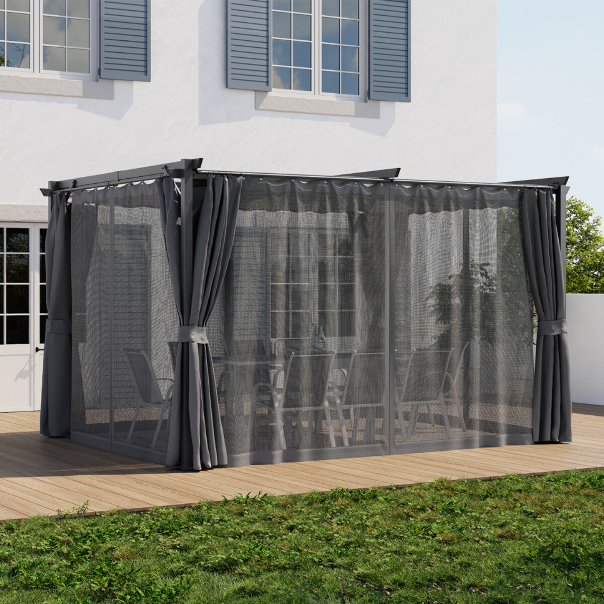 Pergola Marina 3x4m toit rétractable + 4 rideaux moustiquaires