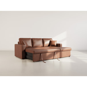Cyrus - Canapé d'angle réversible 4 places - convertible avec coffre - en simili - Cognac