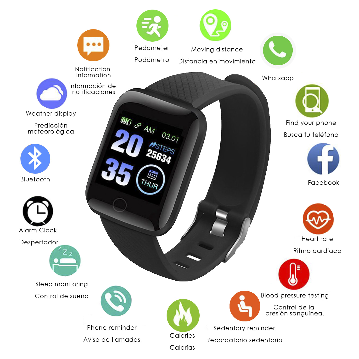 Brazalete inteligente ID116 Bluetooth 4.0 pantalla color, monitor cardiaco, pulso y modo multideporte