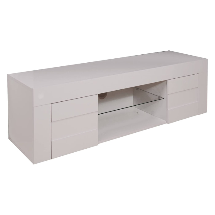 Mobile da soggiorno porta TV moderno, Credenza bassa a 2 ante, Made in Italy, cm 181x42xh44, colore Bianco lucido