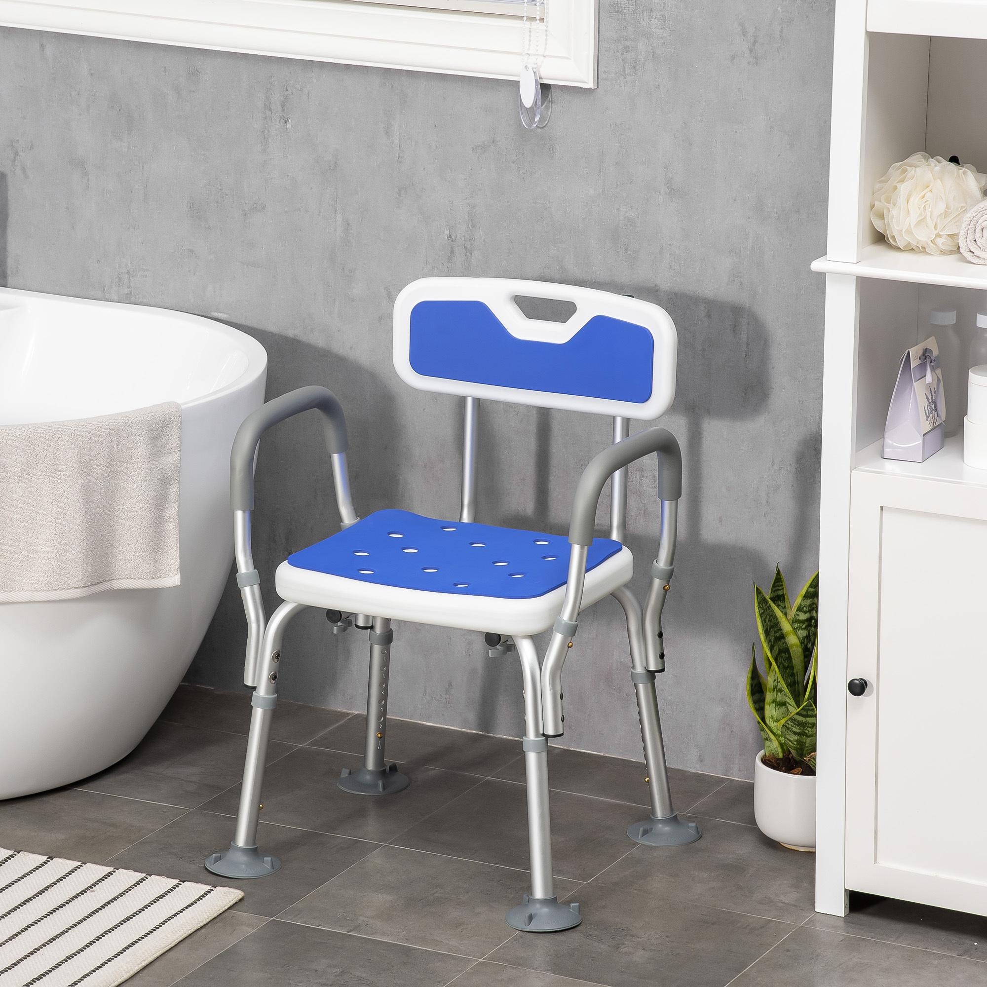 Chaise de douche siège de douche ergonomique hauteur réglable pieds antidérapants charge max. 136 Kg alu HDPE blanc bleu