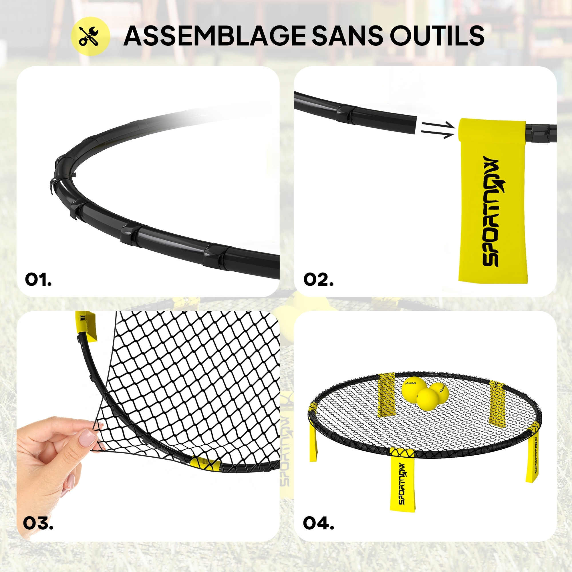 Jeu de plage Spikeball - set complet filet, 3 balles, pompe, sac transport - noir jaune