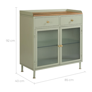 Buffet 2 portes 2 tiroirs en métal vert, manguier et verre - Marnie