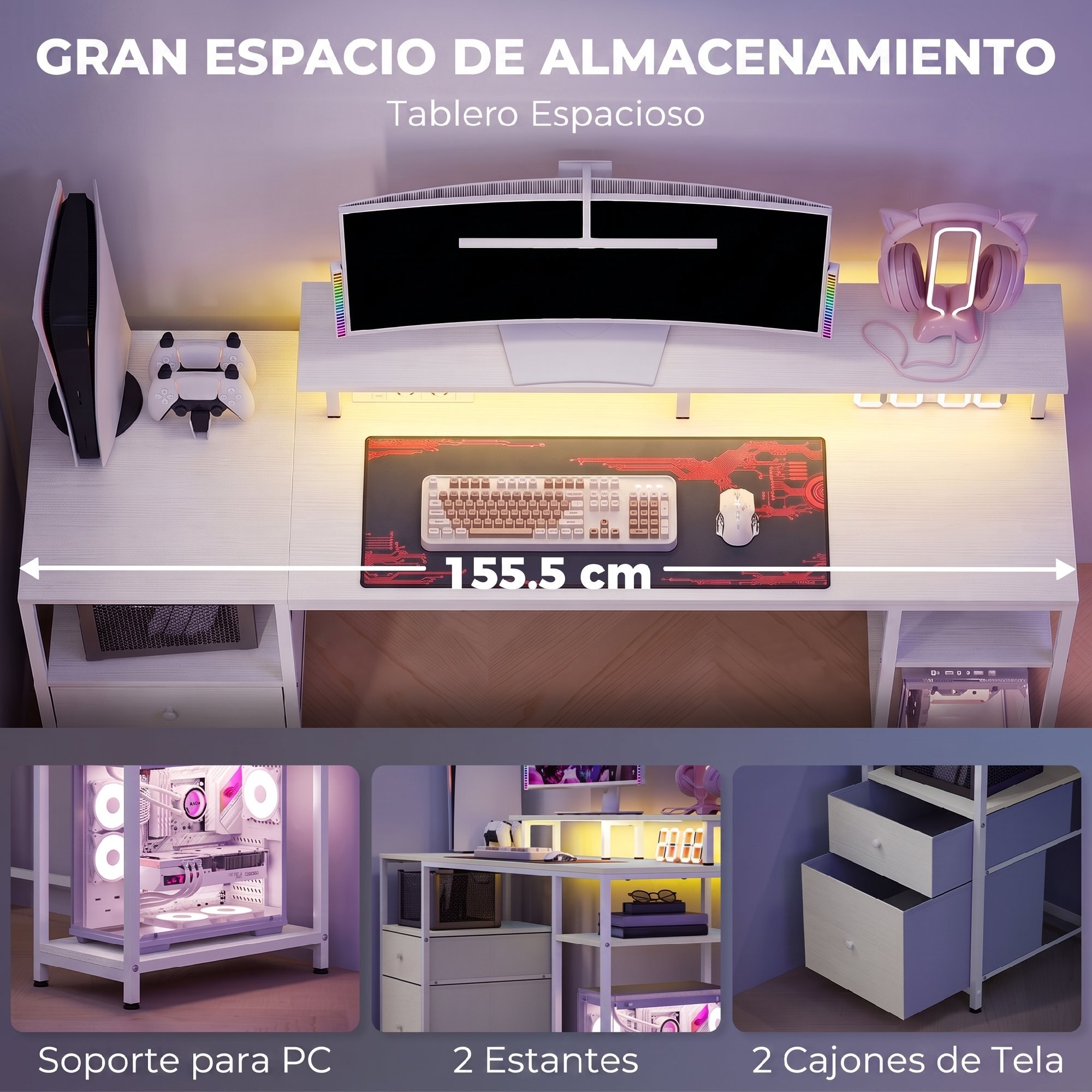 Mesa de Escritorio Mesa de Ordenador con Luces LED Estantes Cajones Tomas de Corriente Puertos USB y Soporte para Monitor para Oficina Estudio 155,5x48x88,5 cm Blanco