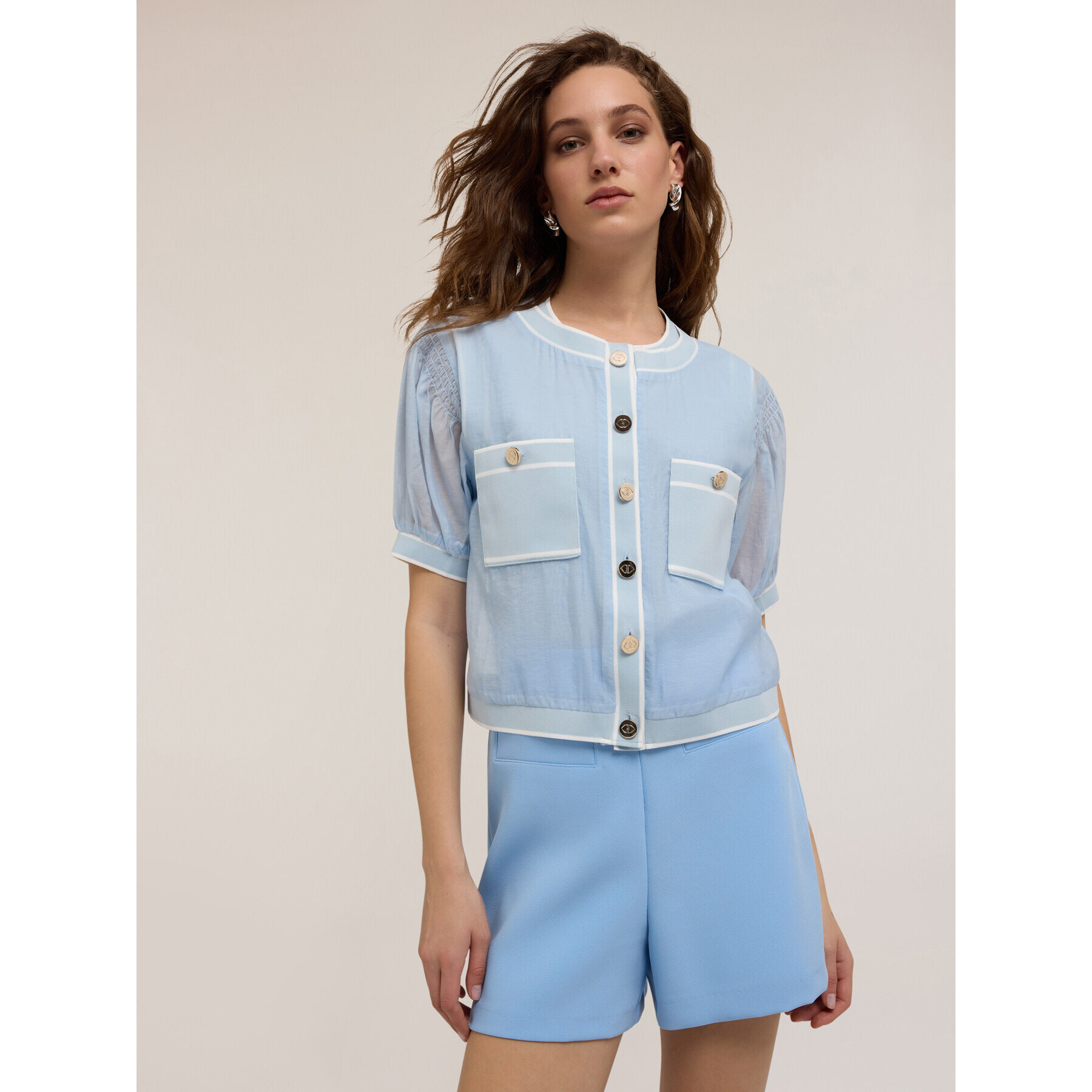 Motivi - Camicia misto lyocell con bordi a coste - Azzurro