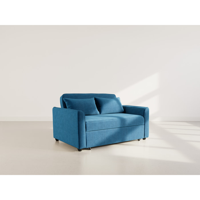 Ernest - Canapé droit 2 places convertible en velours côtelé - Bleu