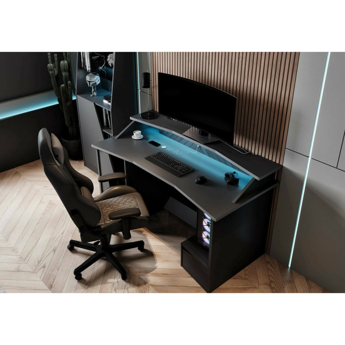 Scrivania Arsoli, Scrittoio da gaming, Tavolo per ufficio porta PC, Piano di lavoro, 160x76 h92 cm, Nero