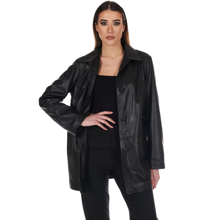 Giacca in pelle nera monopetto versione oversize