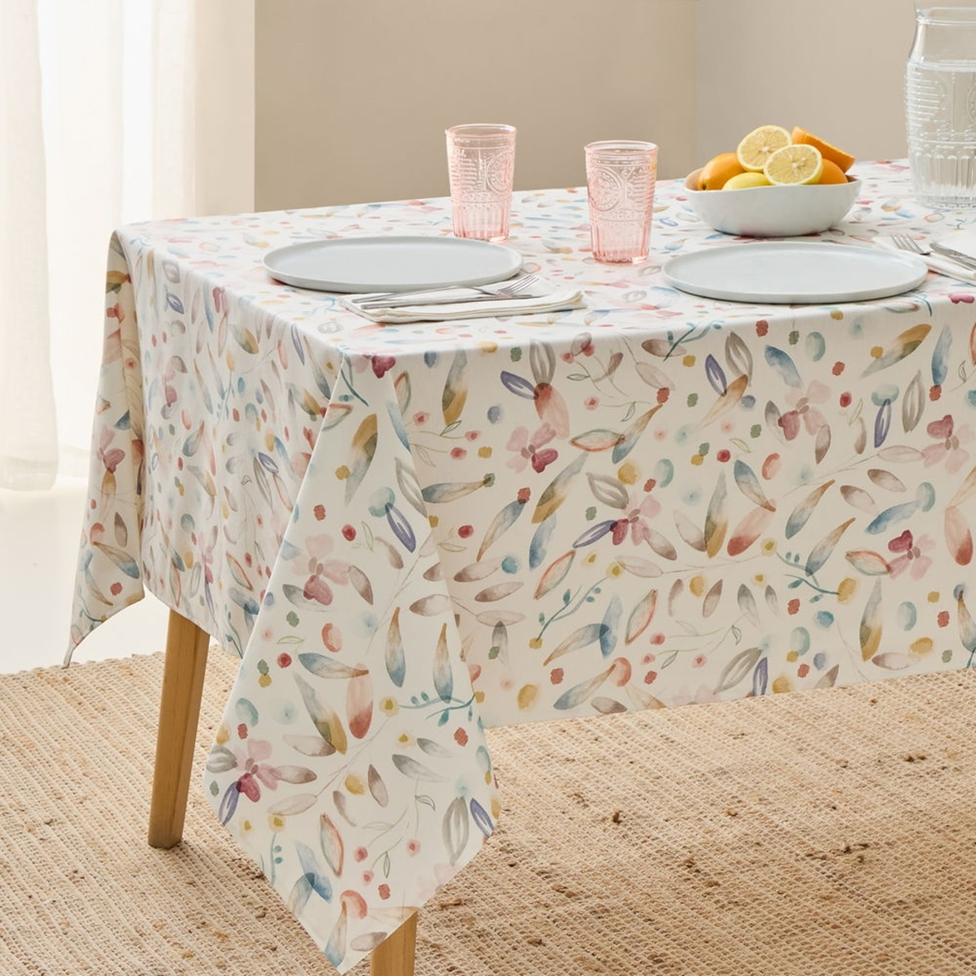 Mantel antimanchas resinado hojas y flores Danila color agua marina 100% Algodón
