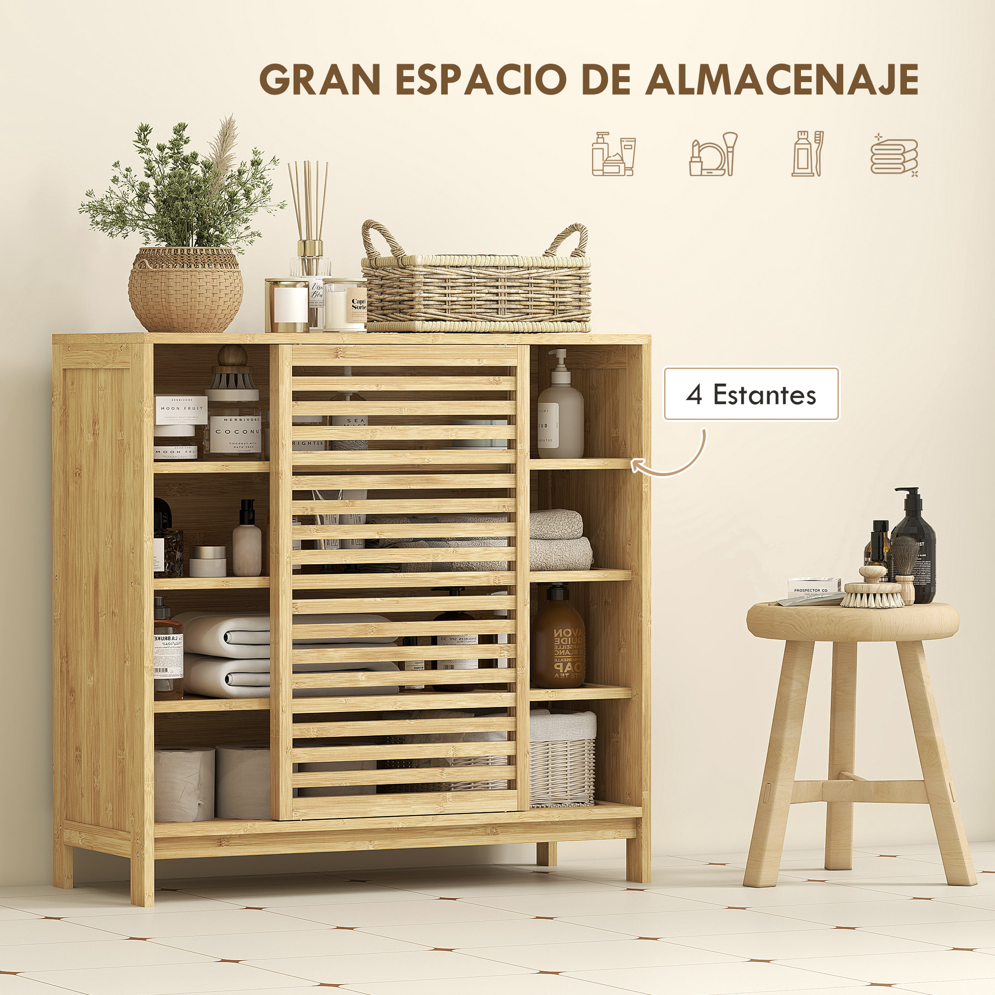 Armario de Baño de Bambú Mueble de Baño con 2 Puertas Correderas Diseño con Lamas 4 Estantes Mueble Auxiliar de Almacenaje para Cocina Salón 80x34x80 cm Natural